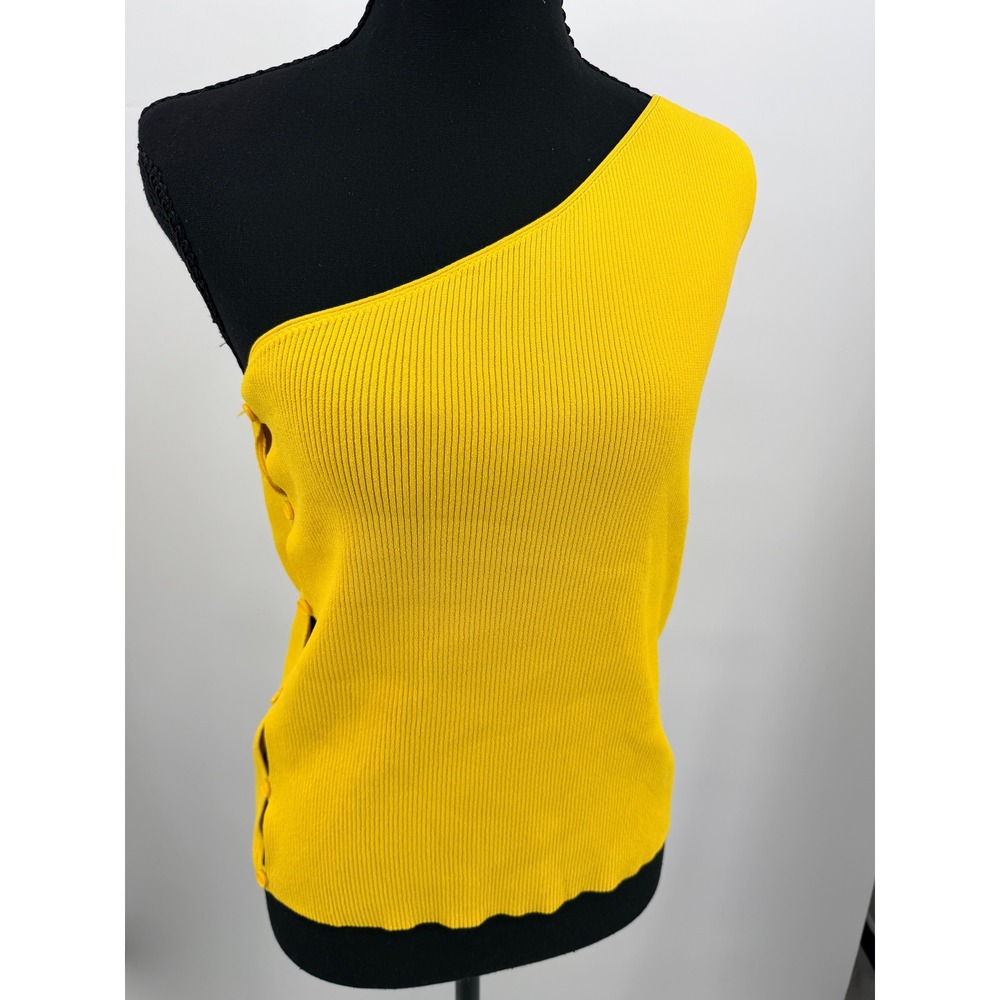 One Shoulder Tank Top Women XL Yellow Good Ribbed Side Button Knit